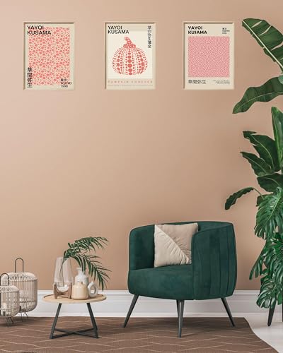 UPWOIGH Yayoi Kusama Inspired Framed Prints, 12 x 16 Inch, Set of 3 | Pumpkin, Infinity Net and Dot Pattern Prints, Soft Pink Tones, Light Wood Frames for Bedroom, Office and Gallery Wall - color: Yayoi Kusama Red MDF