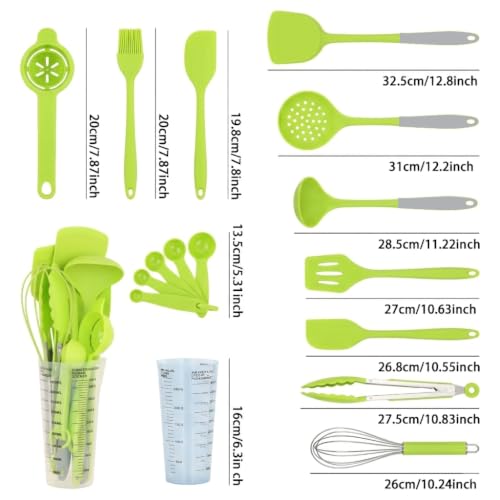 16-Piece Silicone Kitchen Utensil Set with Measuring Cup (Green) | Dishwasher-safe BPA-free tools for nonstick cookware, with tongs, whisk, 5 measuring spoons and a 500ml measuring cup holder - color: Green