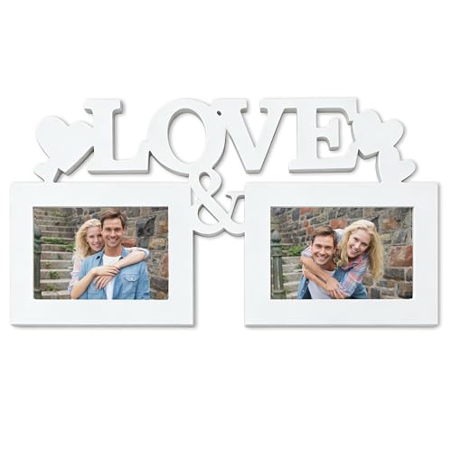 LOVE Multi Photo Frame Wall Decor, One-Piece MDF 2 Opening 4x6 Picture Frame Collage, Rustic Farmhouse Wall Hanging Frame, Durable Melamine Finish, Easy to Hang, Display Family Memories (White, 18.1” x 9.4”) - color: white, size: 18.1"x 9.4"(2-Opening)