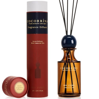 Reed Diffuser 8.5 oz Large Capacity Red Amber Scent | 6 Reed Sticks, Long-Lasting, Home Fragrance Oil Diffuser for Bathroom, Bedroom & Home Décor