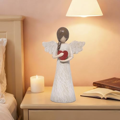 Hodao Angel Figurine with Heart — Wood-Carved Look Resin Christmas Decorations, Indoor Home Decor Ornaments, 8.5" Tall Guardian with Red Heart, Hand-Painted Figurines for Shelf, Mantel & Gift-Giving - style: Z-holding heart-big