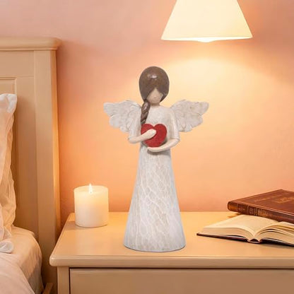 Hodao Angel Figurine with Heart — Wood-Carved Look Resin Christmas Decorations, Indoor Home Decor Ornaments, 8.5" Tall Guardian with Red Heart, Hand-Painted Figurines for Shelf, Mantel & Gift-Giving - style: Z-holding heart-big