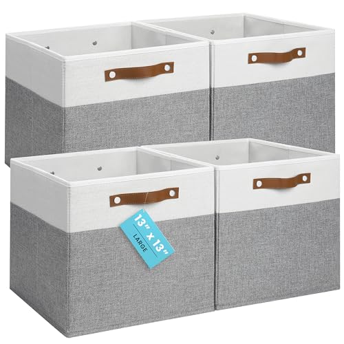 OrganiHaus 13x13 Cube Storage Bins, Set of 4 - Fabric Storage Cubes | Sturdy, holds its shape; odor-free; fits IKEA Kallax and Expedit; vegan leather handles - color: Gray Base / Off-White, size: (13x13) Leather Handles