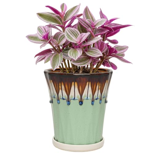 6.6 Inch Ceramic Planters with Drainage Hole and Saucer,Indoor Outdoor Large Flower Pots, Garden Pot for Plant Lovers (Drip Green) - color: Drip Green, size: 6.6 Inch