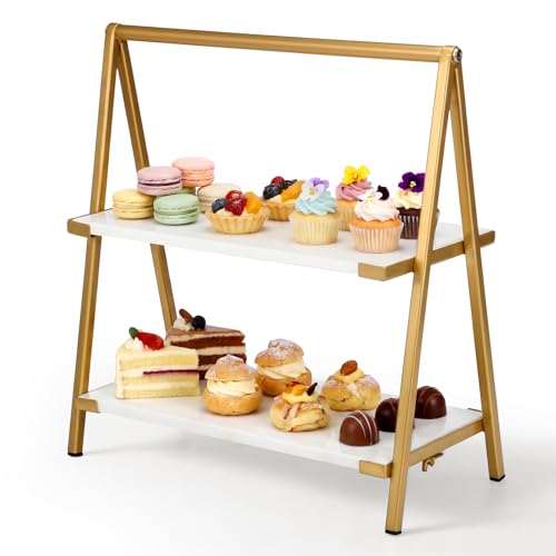 2-Tier White Marble Cake Stand with Gold Metal Frame Versatile 2-Tier Serving Tray for Desserts Cupcake Food for Briday Wedding Home Party Gatherings Decoration