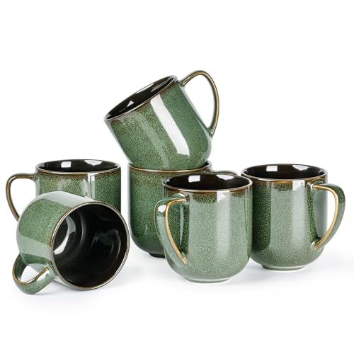 LERATIO Ceramic Coffee Mugs Set of 6,12oz Handmade Coffee Mugs Set | Large Handle for Cappuccino/Latte/Tea/Hot Cocoa,Oven &Dishwasher & Microwave Safe-Green - color: reactive glaze-3