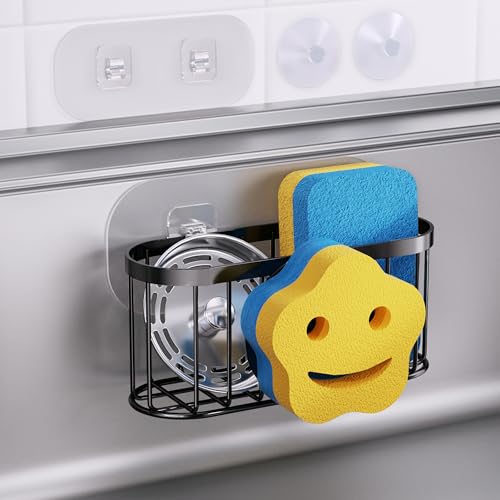 HapiRm Sink Caddy Sponge Holder - 2 Installation Ways Kitchen Sink Organizer with Smiley Face Sponge Holder, Stainless Steel Kitchen Caddy - Black - color: Black, size: with Smiley Sponge Holder