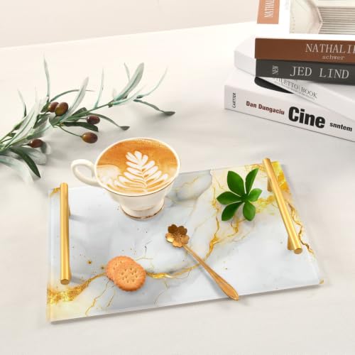 White Gold Marble Texture Acrylic Vanity Tray with Handles Non-Slip Decorative Bathroom Tray Jewelry Perfume Makeup Organizer for Dresser Kitchen Counter, 7.87 x 11.81 in