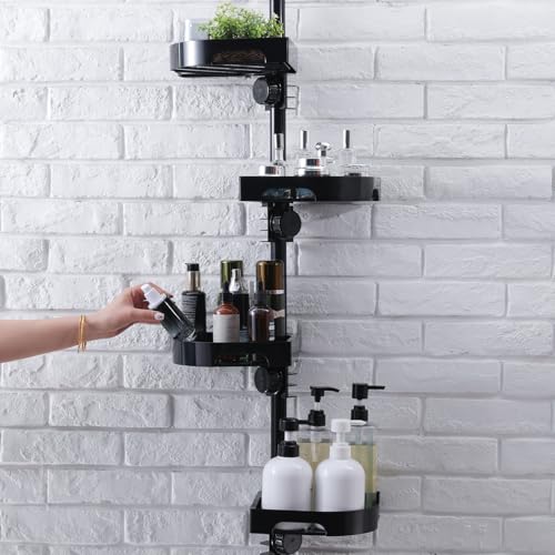 4-Tier Corner Shower Caddy Tension Pole Organizer (Black) | 4-Tier rotating shelves with hooks, adjustable tray height, upgraded rustproof metal pole, removable trays for shower storage - color: Black, size: No Rotation