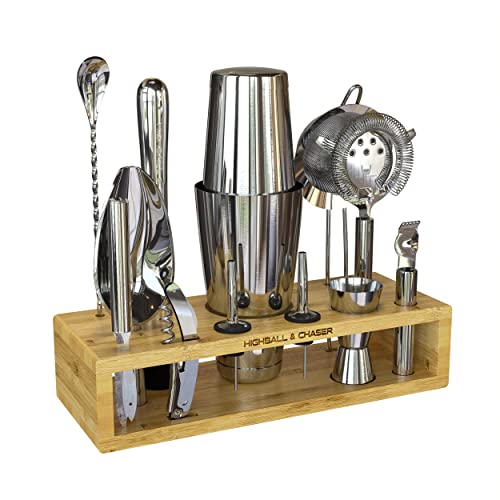 Highball & Chaser 13-Piece Boston Cocktail Shaker Set Stainless Steel Mixology Bartender Kit With Stand For Home Bar Cocktail Set | Laser Engraved Cocktail Tools | Plus E-Book with 30 Cocktail Recipes - color: Natural