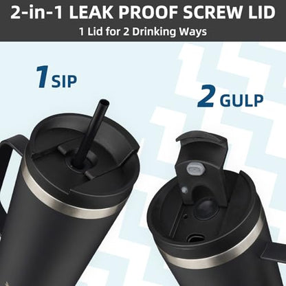 BJPKPK 22oz Insulated Tumbler with Handle, Lid & Straw, Stainless Steel | Double Wall Vacuum Insulated Coffee Travel Mug - Keeps Cold & Hot, BPA Free, Cupholder Fit for Office, Gym & Travel - color: Black, size: 22 Ounces