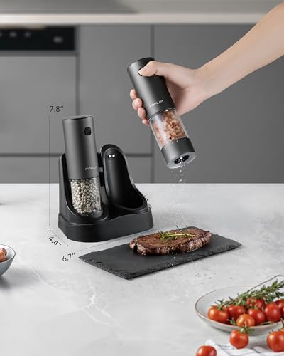 FORLIM 2-Speed Electric Salt And Pepper Grinder Set, External Rotation To Adjust Coarseness, Electric Salt and Pepper Shaker With Charing Base, One-Button Automatic Grinding, Washable Container - color: Titanium Space Gray