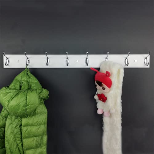 Wooden Wall Mounted Coat Rack – 31 Inch, White with 8 Silver Hooks for Entryway, Hallway, Bedroom - size: Long-31.5in(80cm),8 Silver Hooks, style: Modern