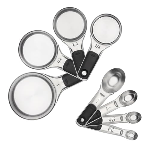 OXO Good Grips Stainless Steel Measuring Cups and Spoons 8-Piece Set | Magnetic Handles for Easy Nesting Storage, Non-Slip Grip, Etched Measurement Markings, Baking Tools, Dry and Liquid Measuring - size: 8 count, style: Set
