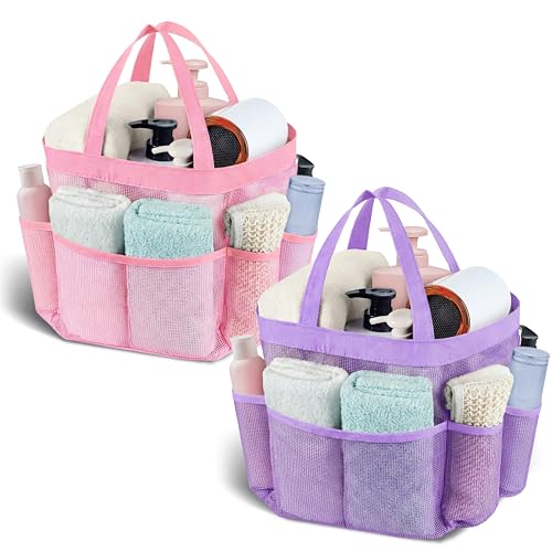 Mesh Shower Caddy Portable - 9 Pockets, Shower Bag for Dorm Room Camping | 2 Handle Quick Dry Shower Bag College Dorm Room Essentials Large Capacity Hanging Basket for Bathroom Travel Swimming Gym - color: pink purple