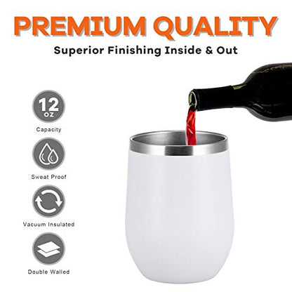 COMOOO 12oz Wine Tumbler with Lid and Straw, Stainless Steel Stemless Wine Glass, Double Wall Vacuum Insulated Wine Tumbler Cup, Cocktails,Beer,Champaign, White, 8 Pack - color: White