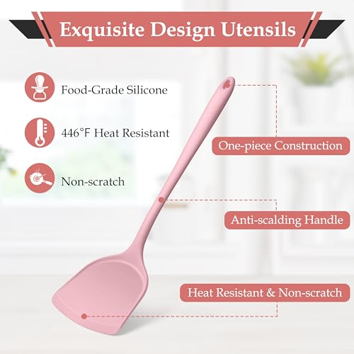 LIANYU Pink Silicone Cooking Utensils Set of 8, Non-Toxic Kitchen Utensils | Include Spatulas Spoons, Heat Resistant Non-Scratch Kitchen Tool, Healthy & Dishwasher Safe - color: Pink