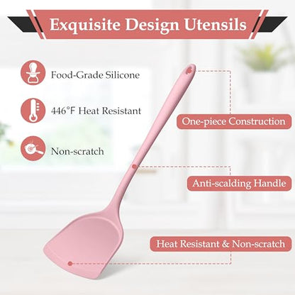LIANYU Pink Silicone Cooking Utensils Set of 8, Non-Toxic Kitchen Utensils | Include Spatulas Spoons, Heat Resistant Non-Scratch Kitchen Tool, Healthy & Dishwasher Safe - color: Pink