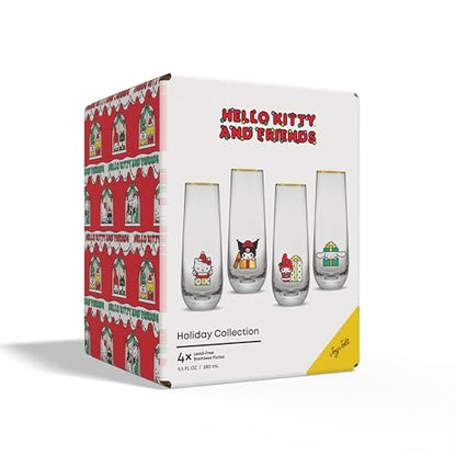 JoyJolt Hello Kitty and Friends Holiday Stemless Flutes, 9.5oz Drinking Glasses Set of 4, Kawaii Sanrio Hello Kitty Kitchen Glass Set Ideal for Water Juice Smoothies, Skinny Tall Glasses - style: Hello Kitty and Friends