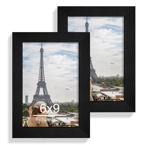Hongkee 6x9 Picture Frame Set of 2, Made of Real Glass and Rustic Black Wooden Frame - 6 by 9 Photo for Wall or Tabletop Display - color: Rustic Black, size: 6x9 in