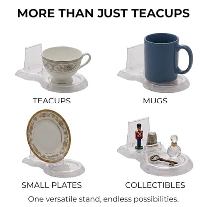 HOHIYA 12 Pack Acrylic Teacup Stand Stackable Cup & Saucer Holder Clear | Clear stackable acrylic stands organize and display teacups, coffee mugs and saucers in cabinets or shelves.