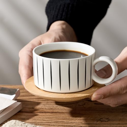 LUKA 6 Ounce Porcelain Stackable Espresso Cups with Saucers and Metal Stand Set of 4, Ceramic Cappuccino Cups Set for Specialty Coffee Drinks, Latte, Cafe Mocha and Tea, Stripes, White - color: Stripes