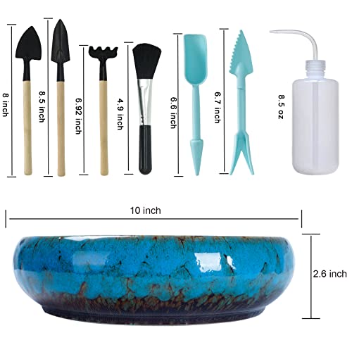 Succulent Pots, 10 Inch Large Succulent Planters with Stand - Ceramic Bonsai Pot with Drainage for Indoor Plants Cactus Flower Planter Pot Plus Succulent Planting Tools Set & 2.2lb Mix Pebbles - color: Blue With Mix Lava Rock Pebbles
