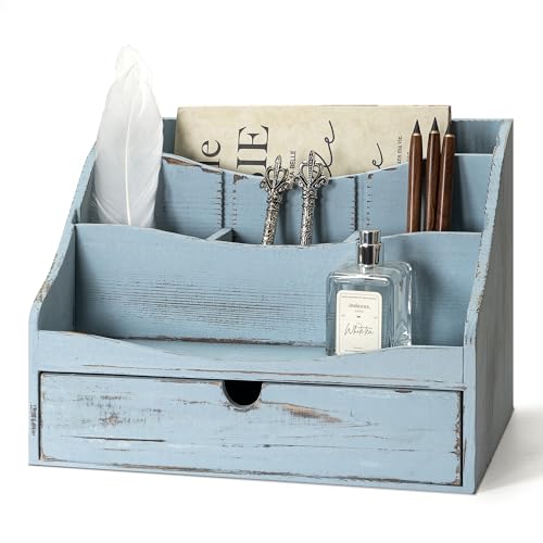 RebeeVision Mail Organizer: Wood Desk Organizer with 4-Slot for Office,Blue | Pine Wood, Rustic Mail Holder for Desk Organization, Drawer and Dividers, Store Jewelry, File Storage, Office Decor Aesthetic - color: B-Blue