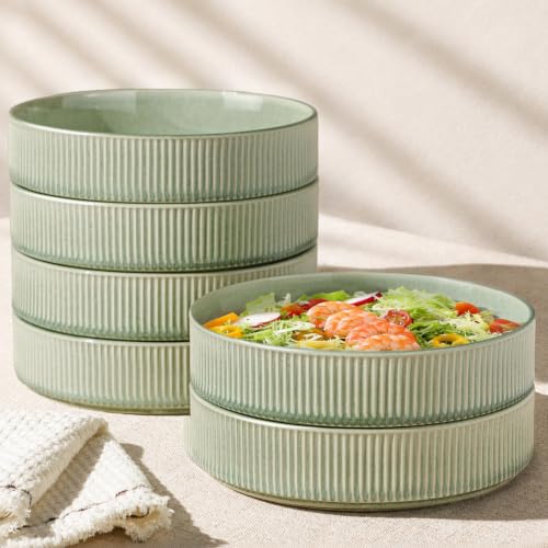 GBhome 7.5 Inch Pasta Bowls Set of 6, Ceramic Salad Bowls, Light Green | Double Reactive Glaze Bowls for Pasta, Noodles & Fruit, Scratch Resistant, Microwave & Dishwasher Safe - color: Light Green, size: Set of 6