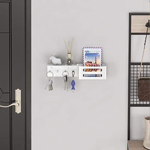 MKO Key Holder Wall Mount, Adhesive Key Hanger with 4 Hooks for Wall, White | Metal Material, Key Rack with Shelf, Wall Mount, Mail Organizer Tray, Suitable for Entryway, Hallway, Living Room - color: White with Shelf