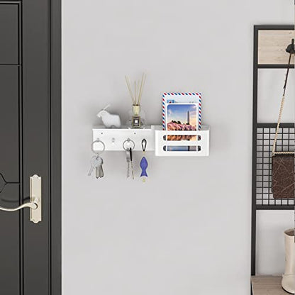 MKO Key Holder Wall Mount, Adhesive Key Hanger with 4 Hooks for Wall, White | Metal Material, Key Rack with Shelf, Wall Mount, Mail Organizer Tray, Suitable for Entryway, Hallway, Living Room - color: White with Shelf