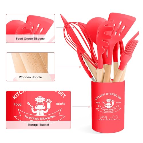 Kitchen Utensils Set Silicone Kitchen Utensils Set with Wooden Handle Utensils for Cooking Heat Resistant Silicone Non-Stick Cookware BPA FREE (Red) - color: Red