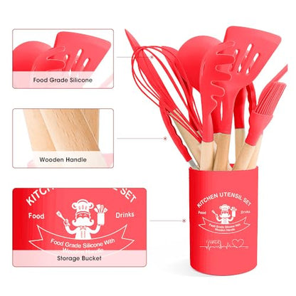 Kitchen Utensils Set Silicone Kitchen Utensils Set with Wooden Handle Utensils for Cooking Heat Resistant Silicone Non-Stick Cookware BPA FREE (Red) - color: Red