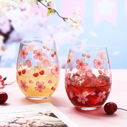 Sliner 2 Pack 17oz Cherry Blossom Stemless Wine Glasses Cherry and Flower Drinking Glasses Floral Tumbler Cups for Women Wedding Birthday Gift Parties Supplies - style: Cherry and Flower