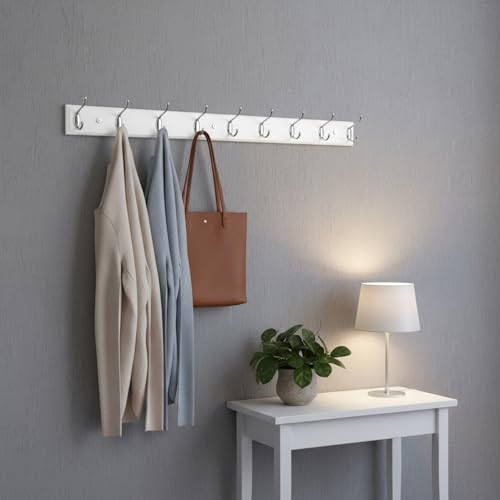 Wooden Wall Mounted Coat Rack – 31 Inch, White with 8 Silver Hooks for Entryway, Hallway, Bedroom - size: Long-31.5in(80cm),8 Silver Hooks, style: Modern