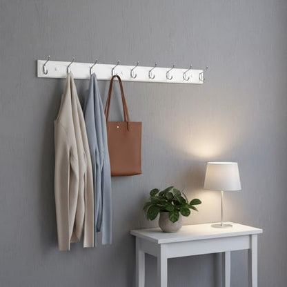 Wooden Wall Mounted Coat Rack – 31 Inch, White with 8 Silver Hooks for Entryway, Hallway, Bedroom - size: Long-31.5in(80cm),8 Silver Hooks, style: Modern