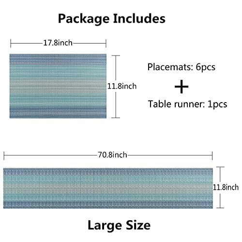 Placemats, Woven Vinyl Crossweave Kitchen Tablemat，Washable PVC Table Mats Sets for Dining Table, Parties, Farmhouse, Thanksgiving, Christmas & Gathering (6 Placemats + 1 Table Runner, Coastal Blue)