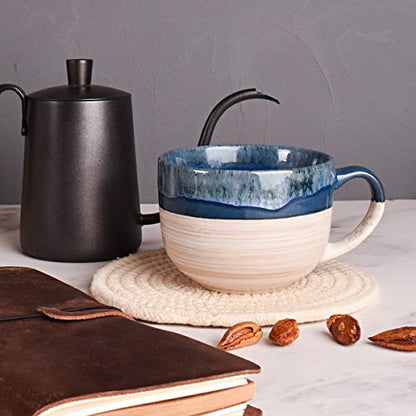 Bosmarlin Large Ceramic Coffee Mug Set of 2, Stoneware Latte Mug for Office and Home, 16 Oz, Dishwasher and Microwave Safe, (Prussian Blue, 2) - color: Prussian Blue