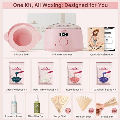Lifestance Waxing Kit for Women & Men - Pink L3 Digital Warmer | Silicone Wax Pot Liner, Hair Removal Kit with 14.1oz Hard Wax Beads & Oil Spray, Professional for Brazilian Bikini Face Leg - color: Enhanced LCD (Pink) Kit