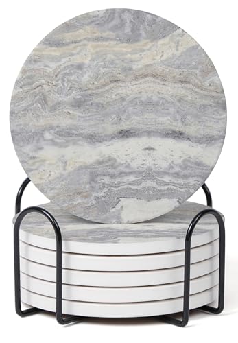 Set of 6 Light Gray Abstract Onyx Marble Coasters with Holder, Absorbent Ceramic Coasters for Drinks, Coasters with Cork Backing for Table Protection, Coffee Table Decor - color: Light Gray