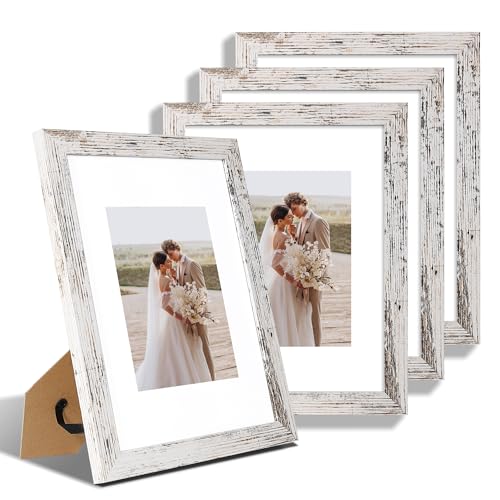 Hongkee 9x12 Picture Frame Set of 4, Made of Glass and Distressed White Wooden Frame - Display Picture 6x8 with Mat or 9 x 12 Without Mat, 9 by 12 Photo for Wall or Tabletop - color: Distressed White, size: 9x12 in