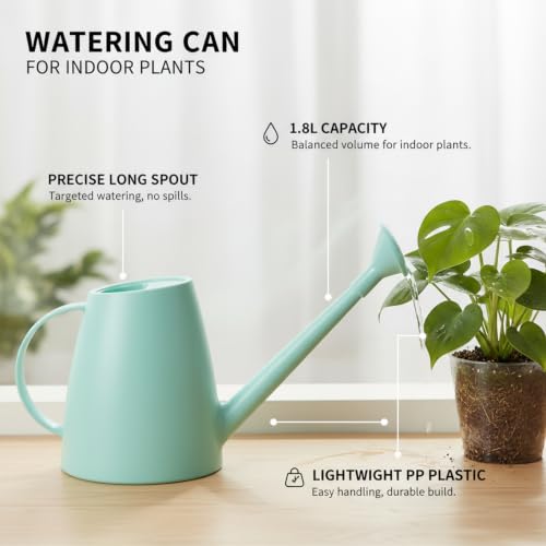 1.8L Long Spout Watering Can for Indoor Plants, Durable PP Plastic Pot Waterer with Precise Flow Control for Home Garden, Balcony & Windowsill - color: Blue