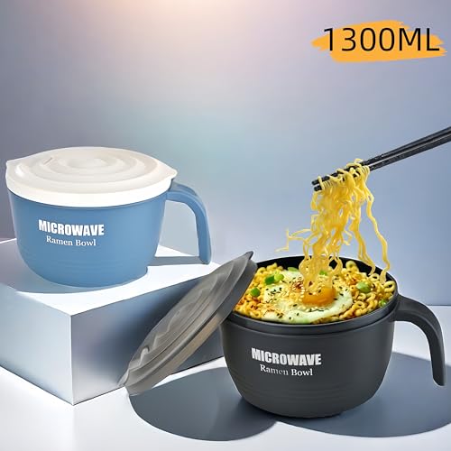 Layron 2 Sets Microwave Ramen Cooker Bowl 45 oz Instant Noodle Bowl with Handles Ramen Noodle Cooker with Spoon Chopsticks Fork Knife College Dorm Room Essentials (Black, Blue) - color: blue-black