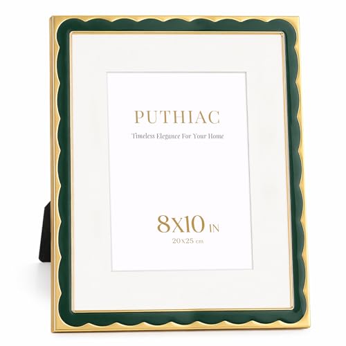 8x10 Scalloped Enamel Picture Frame, Gold Edge, Hidden Jade | Aluminum Alloy Frame, Enamel Inlay, Tempered Glass, 5x7 Mat, Wall or Tabletop Display for Shelves, Portraits, Art Prints - color: Hidden Jade, size: 8x10