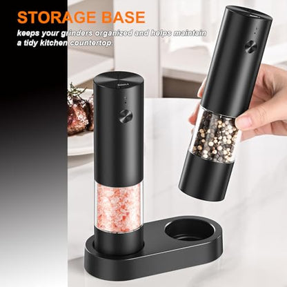 Electric Salt and Pepper Grinder Set - Rechargeable Automatic Salt and Pepper Shakers, Upgraded Larger Capacity with Storage Base, Home and Kitchen Appliances Birthday Gifts for Women Mom (Black)