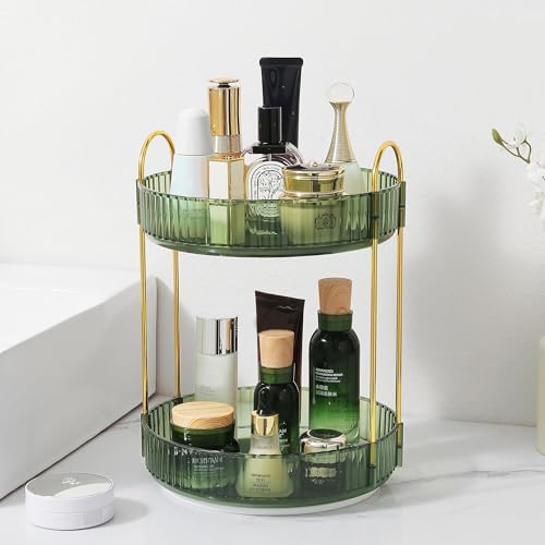 Rotating Makeup Organizer for Vanity, Perfume Skincare Lipstick Organizers for Bathroom Countertop, Clear Make up Storage for Dresser, Bathroom Cosmetics Organizer Storage 360 Spinning(2 Tier, Green) - color: Gem Green, size: Standard-2 Tier