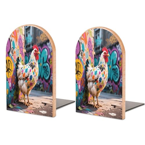 Personalized Wood Book Ends Metal Base Graffiti Chicken Street Art Printing Bookend Modern Heavy Duty Bookends for Home Or Office 1 Pair - color: Graffiti Chicken Street Art