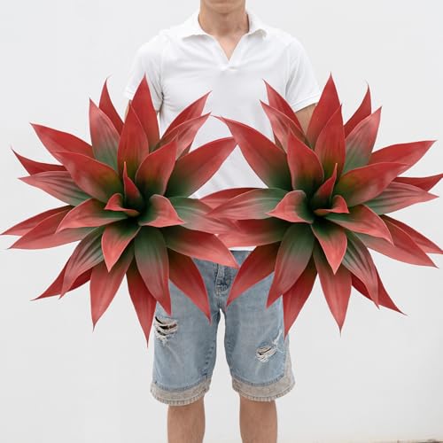 Ttranewsoo Artificial Agave Plants,Large UV Resistant Fake Agave Planters for Indoor and Outdoor Decorating Artificial Plants for Outdoors Fake Plants 2Pack, 28" Red - color: 28"red
