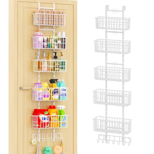 Hongtamoya Over The Door Organizer, Hanging Door Organizer with 5 Metal Baskets, Behind The Door Storage for Pantry Closet Bedroom Bathroom Cabinet Kitchen, White - color: White, size: 6-Tier