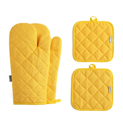 Oven Mitts and Pot Holders 4 pcs Set,High Heat Resistant 500 Degree Extra Thicken Long Kitchen Cotton Oven Glove for Cooking (12 Inch,Yellow) - color: Cotton-yellow